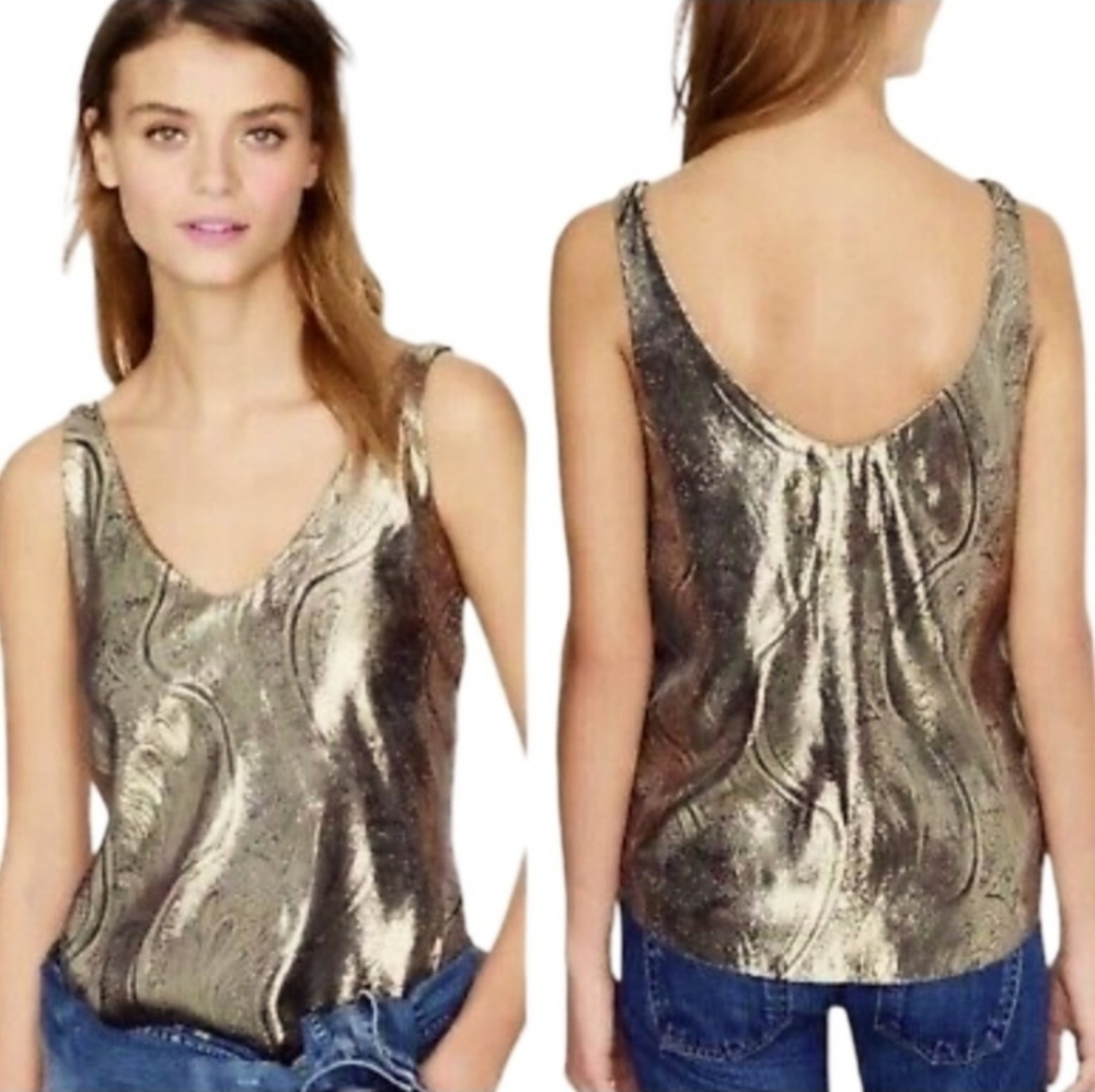 J. CREW Cate Metallic Paisley Sleeveless Top Gold Black 00 Oversized NWOT Flaw